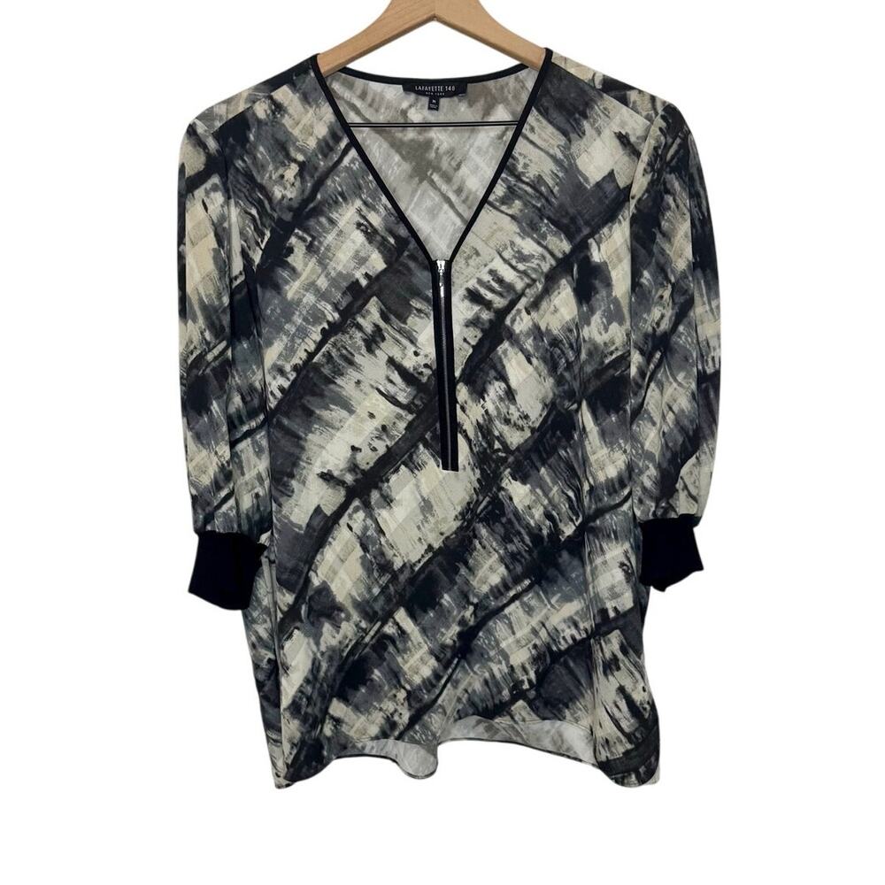 LAFAYETTE 148 Women's Med Zip Front Tunic Top Shirt 3/4 Sleeve Career Watercolor